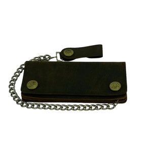 Cartera con cadena para cartuchos de escopeta, Cartera de motociclista de cuero marrón, Trabillas para cinturón a presión, Tercer aniversario, Regalo minimalista de cuero