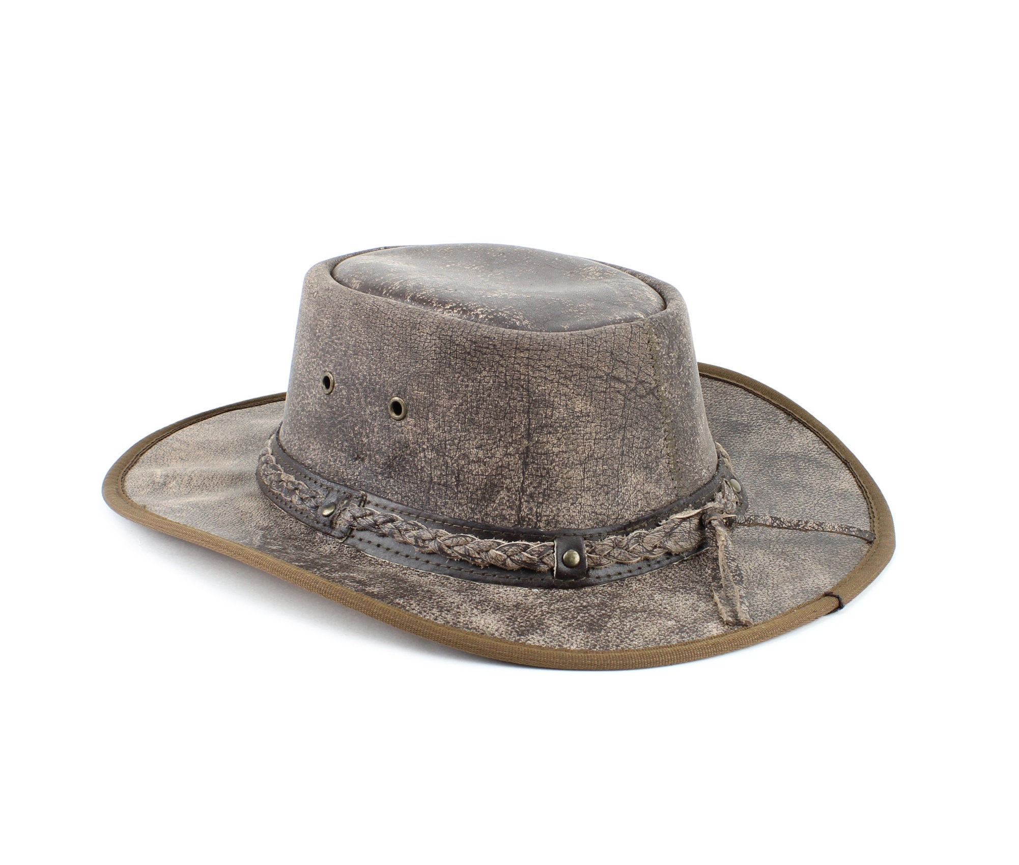 Tan Flat Brim Crush Able Cowboy Hat, Leather Cowboy Hat With Braided Hat  Band, Aussie Style Bush Hat, Unisex Cowboy Hat, Western Wear 