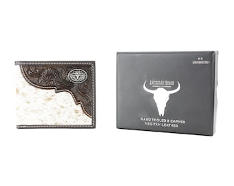 Men's Hair-On-Hide Leather Bifold Wallet – Western Filigree Tooling, Concho Options (RFID Protection)