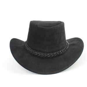 Cowboyhut aus schwarzem Wildleder, Hut mit geflochtenem Band, formbarer Hut mit breiter Krempe, Outdoor-Hut, moderne Westernmode, Sonnenhut aus Leder, Jubiläum Bild 2