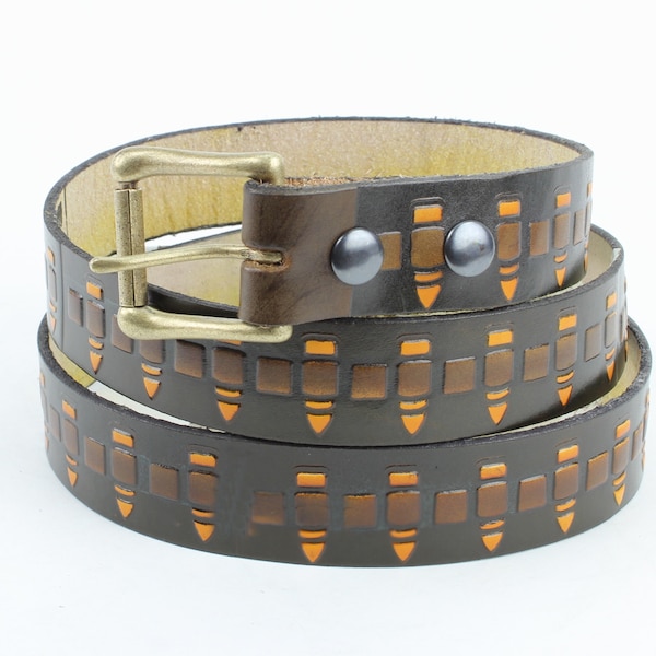 Bullet Tooled Brown Leather belt, Hand Tooled Leather Belt, Ammunition belt, Made in the USA, gift for him, Made in the USA