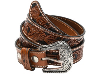 Tooled leather adjustable belt, Two tone Western wear fashion, Belt with decorative buckle, Rodeo outfit accessory, Simple ruggest style