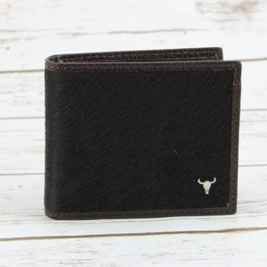 Cartera plegable de piel de bisonte americano con pelo negro, moderna cartera Western, accesorio de viaje con bloqueo RFID, estilo minimalista.