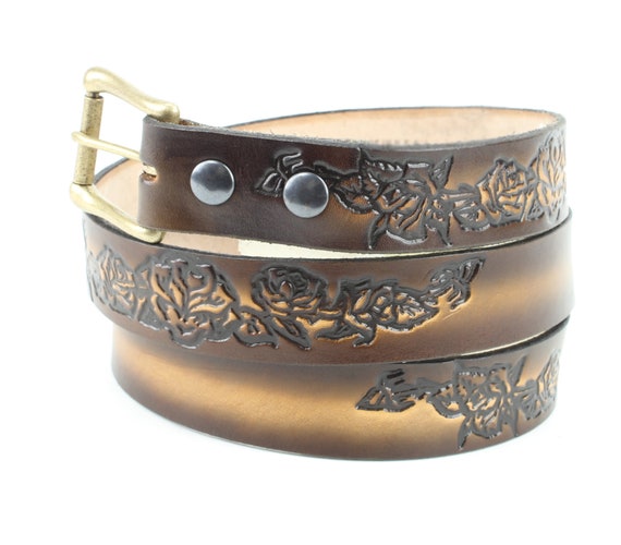 Vintage Style Rose Tooled Leather Belt, Boho Rodeo Western  display picture 1
