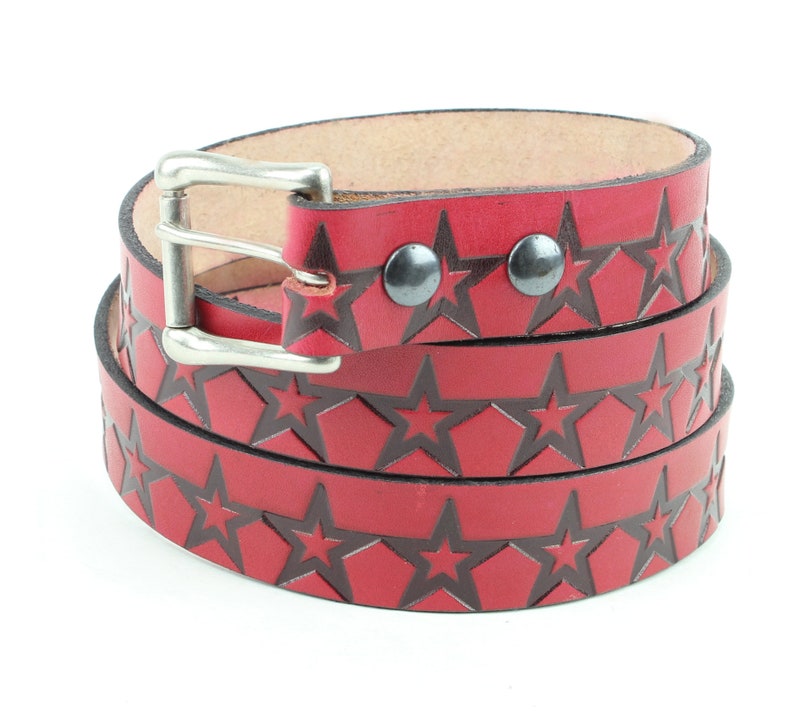 Red leather Max 89% OFF belt Hand tooled Cut Valen size star Manufacturer direct delivery to