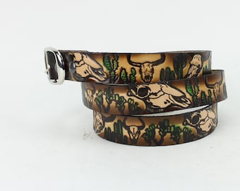 Cattle Skull Brown Leather Belt, Heavy duty hand tooled leather, Gift for him, Steer skull and cactus, Cowboy belt, Made in the USA