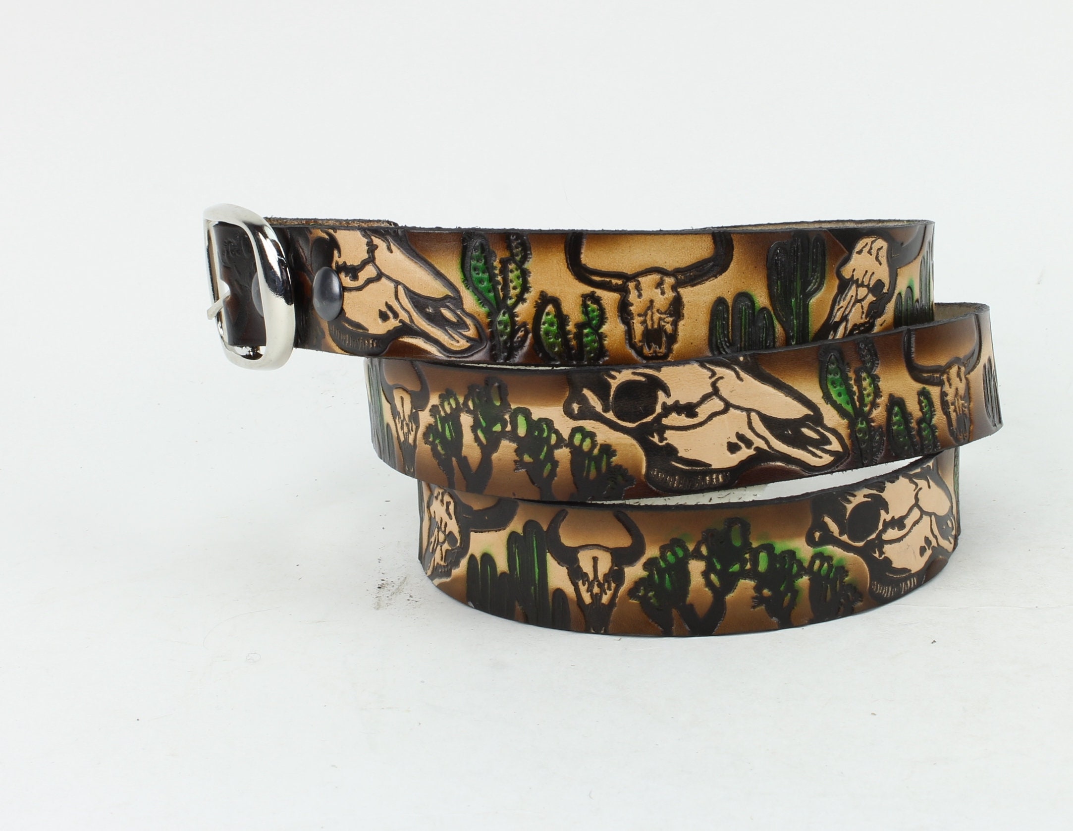 Hand Tooled Leather Belt: Cattle Skull & Cactus, Made in USA  display picture 3