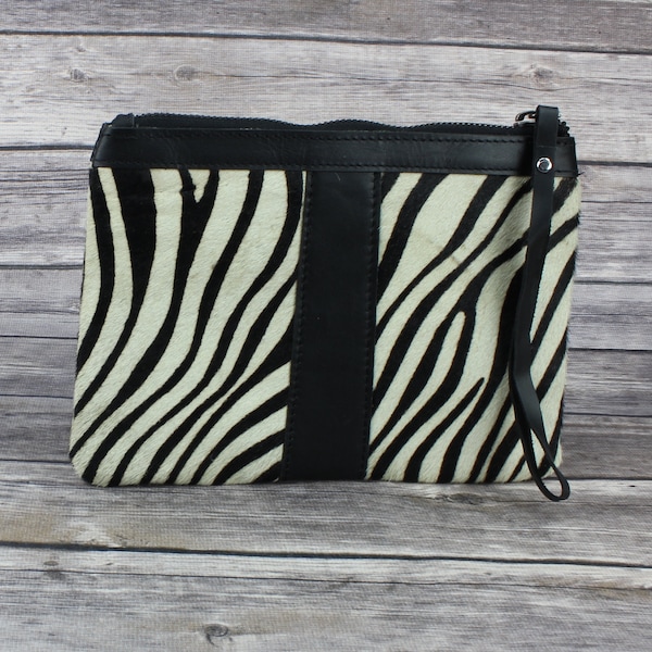 Zebra makeup bag, Hair on hide clutch, Animal print travel bag, Small leather gift, RFID protection