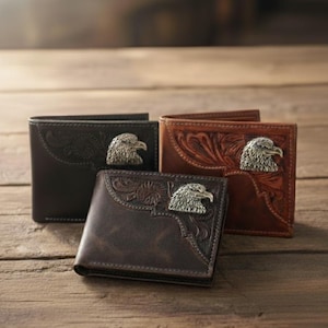 American Bison Leather Bifold Wallet, Eagle Concho, Tooled Western Wallet