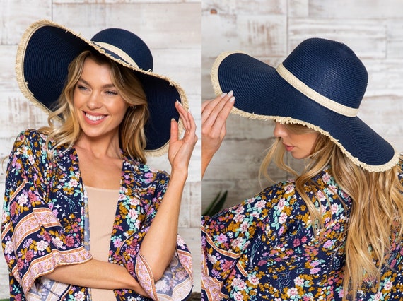 Navy Straw Hat With Natural Trim, Oversized Gardening Hat, Boho