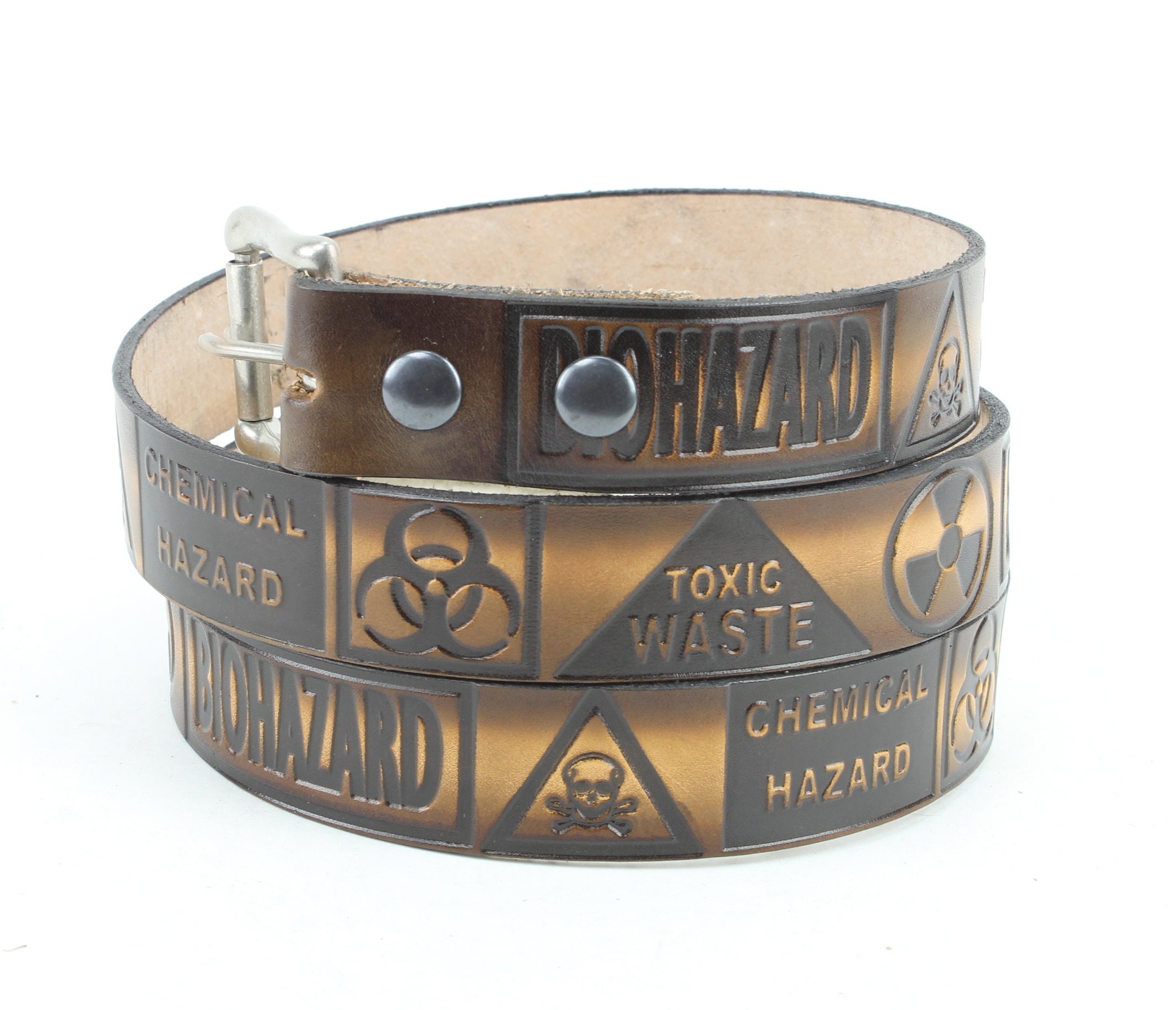 Biohazard Tooled Leather Belt: Brown Western Wear, Made in USA - Etsy