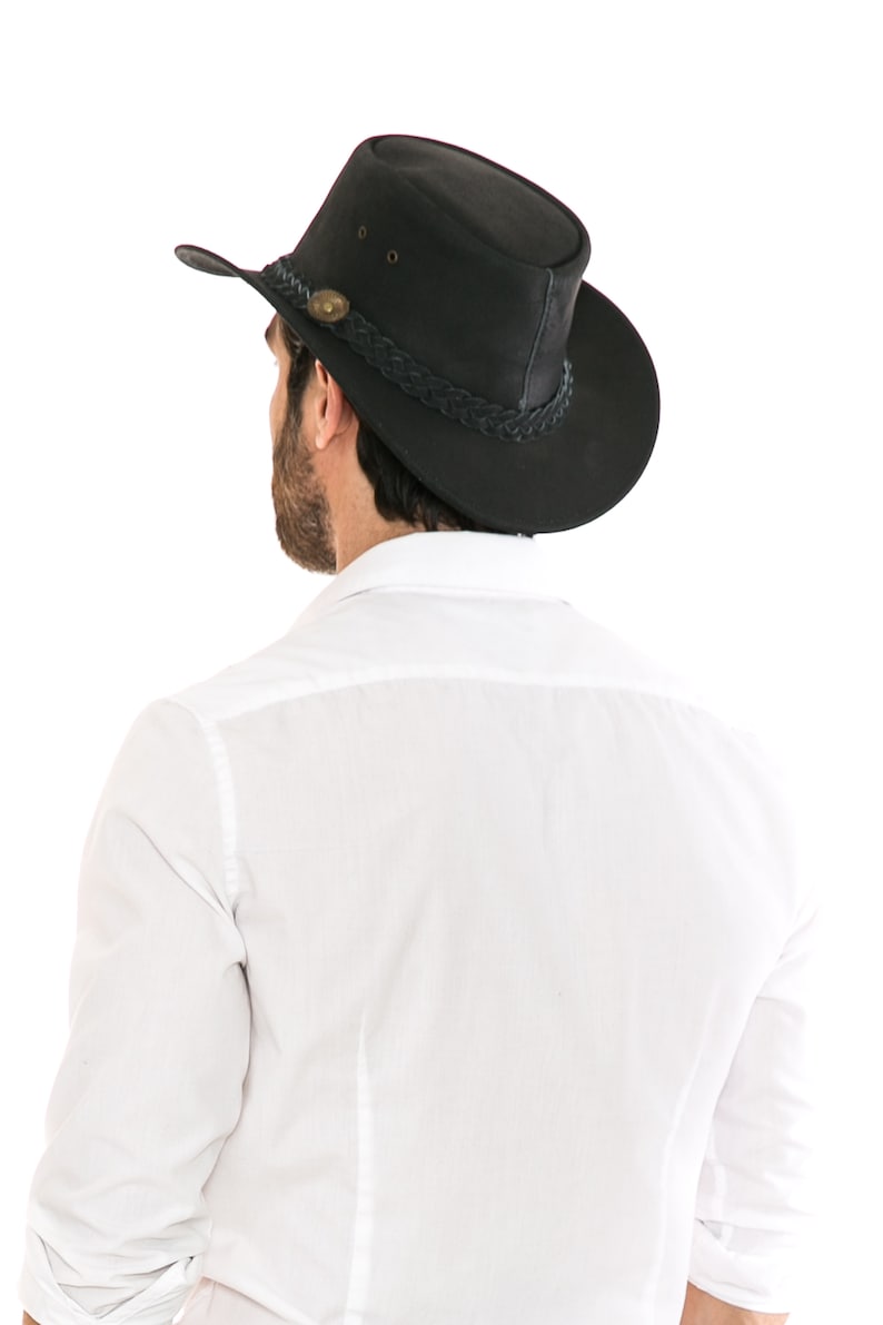 Cowboyhut aus schwarzem Wildleder, Hut mit geflochtenem Band, formbarer Hut mit breiter Krempe, Outdoor-Hut, moderne Westernmode, Sonnenhut aus Leder, Jubiläum Bild 10