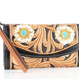 Pochette à bouton-pression occidentale moderne en cuir repoussé, bracelet floral avec imprimé floral, sac de style rodéo bohème, cadeau du troisième anniversaire, cadeau de Pâques
