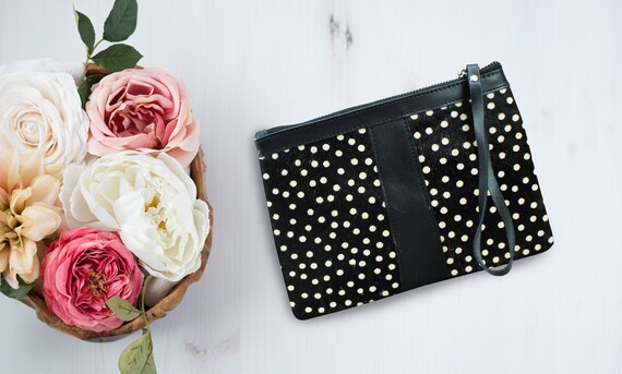 Polka Dot Makeup Bag Hair on Hide Clutch Black and White Travel Bag Small Leather Gift RFID Protection Etsy Ireland