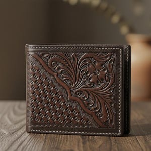 May include: A brown leather wallet with intricate floral and woven patterns. The wallet features a detailed embossed design with white stitching around the edges. The overall aesthetic is rustic and handcrafted.