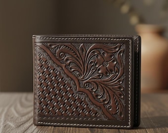 Tooled Leather Bi-Fold Wallet: Floral Filigree, RFID Blocking, Gift Box