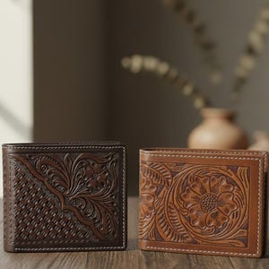 Tooled Leather Bi-Fold Wallet: Floral Filigree, RFID Blocking, Gift Box