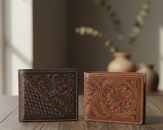 Tooled Leather Bi-Fold Wallet: Floral Filigree, RFID Blocking, Gift Box