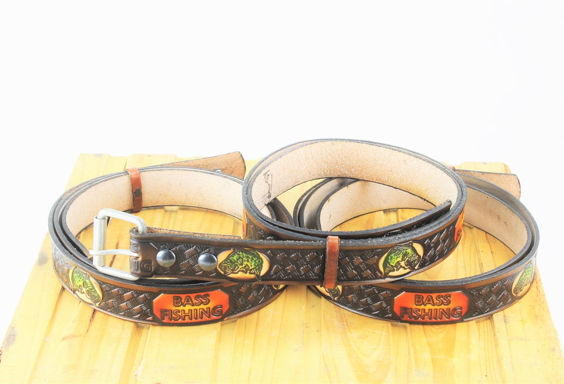 Bass Fishing Leather Belt Hand Tooled Leather Belt Men's Etsy