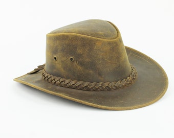 Sombrero de vaquero marrón antiguo con banda de sombrero trenzado, sombrero de arbusto australiano, sombrero de moda de ala ancha, ropa occidental moderna, estilo campestre