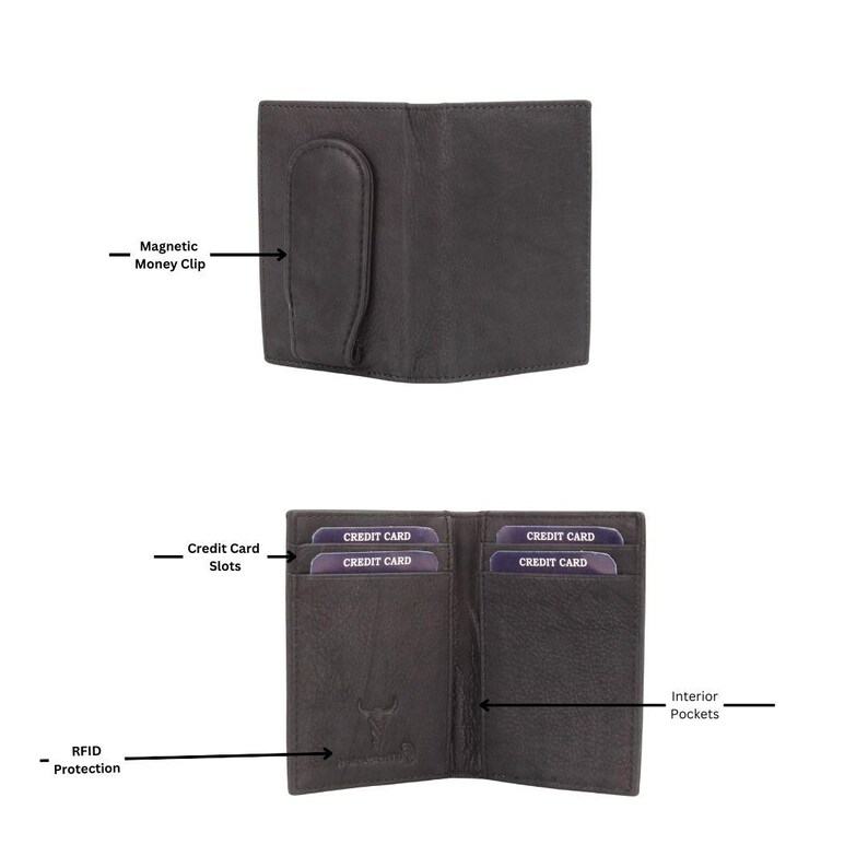 May include: A brown leather wallet with a magnetic money clip, multiple credit card slots, and interior pockets. The wallet also features RFID protection.
