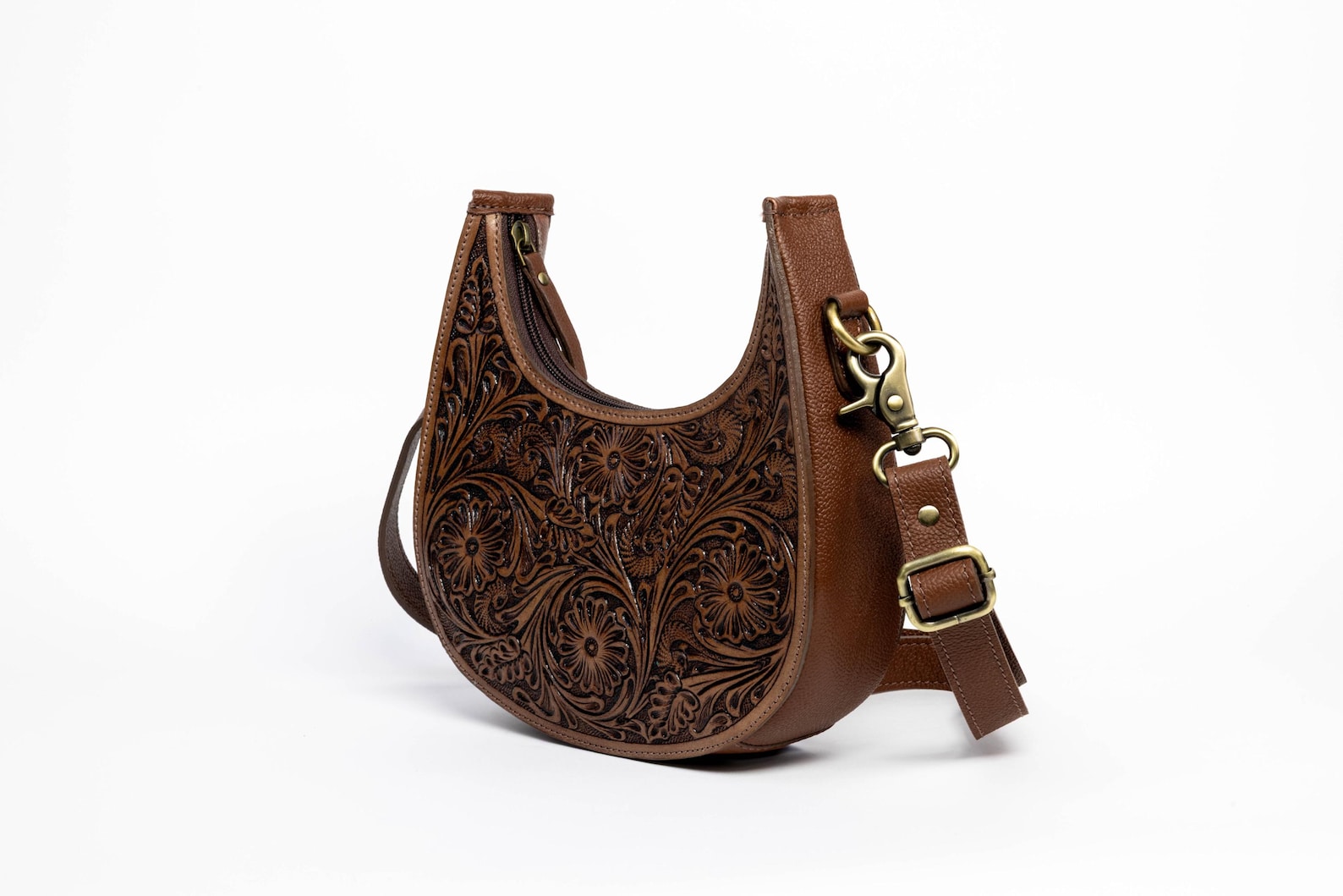 Brown Half Moon Western Bag – Floral Filigree Leather Crossbody Shoulder Purse