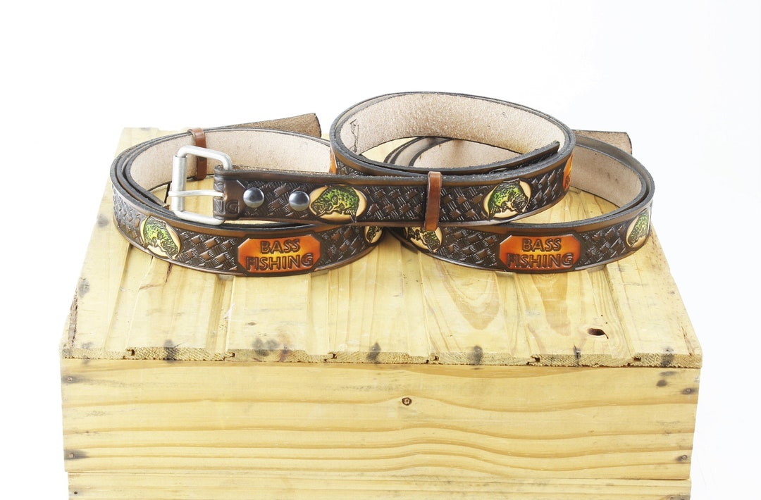 Bass Fishing Leather Belt, Hand Tooled Leather Belt, Men's Utility Belt