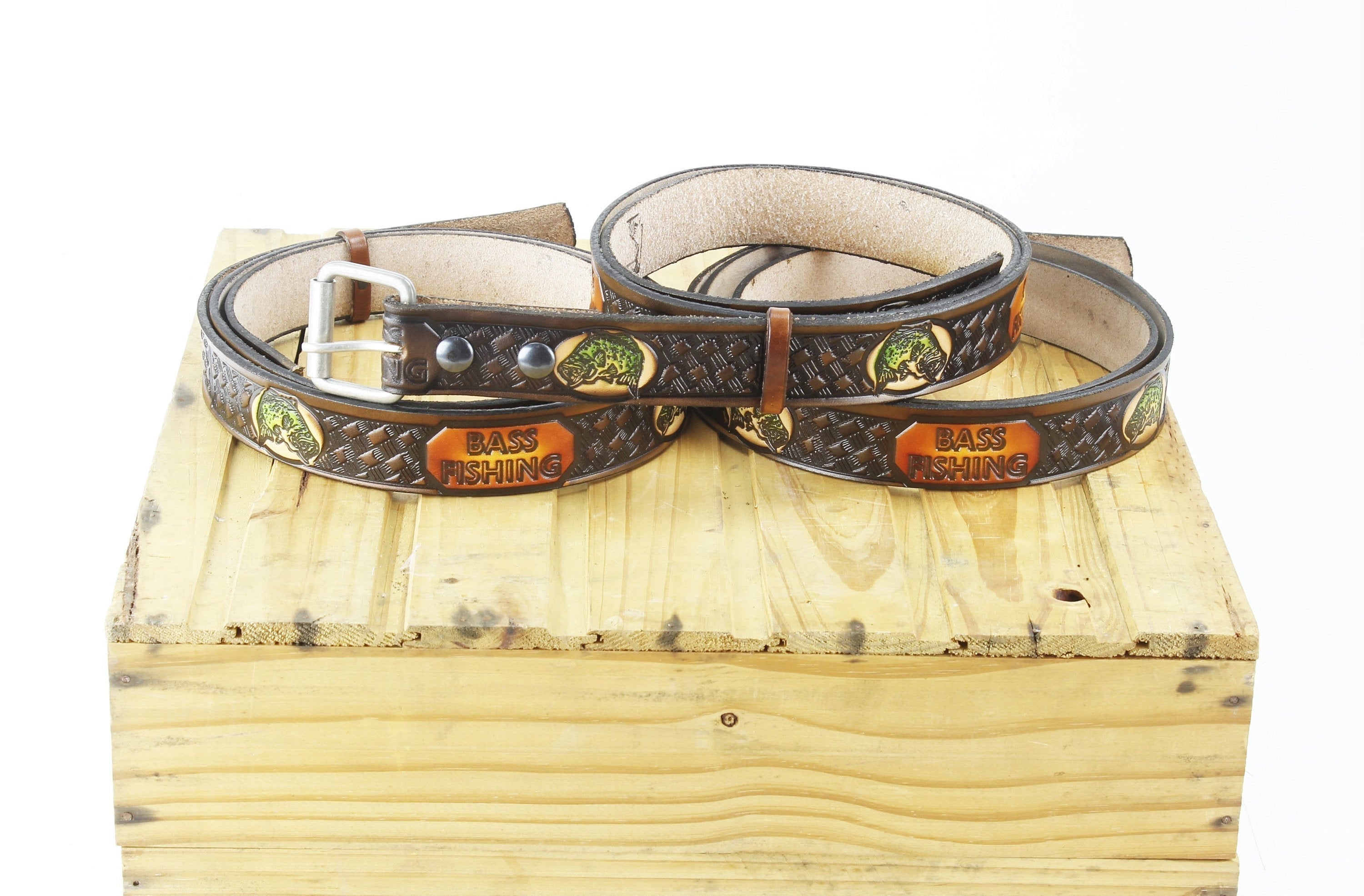 Bass Fishing Leather Belt Hand Tooled Leather Belt Men's Etsy