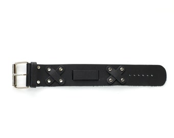 Black leather watch band with X, Minimalist wrist cuff, Modern Western wear, Biker accessory with silver hardware, Made in the USA