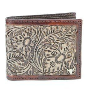 American Bison brown floral filigree bi fold wallet with gift box, Tooled leather wallet, Modern Western wear, RFID blocking protection