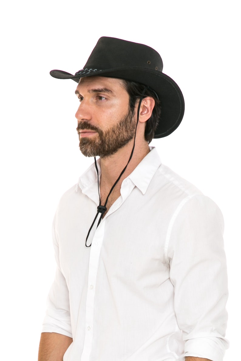 Cowboyhut aus schwarzem Wildleder, Hut mit geflochtenem Band, formbarer Hut mit breiter Krempe, Outdoor-Hut, moderne Westernmode, Sonnenhut aus Leder, Jubiläum Bild 9