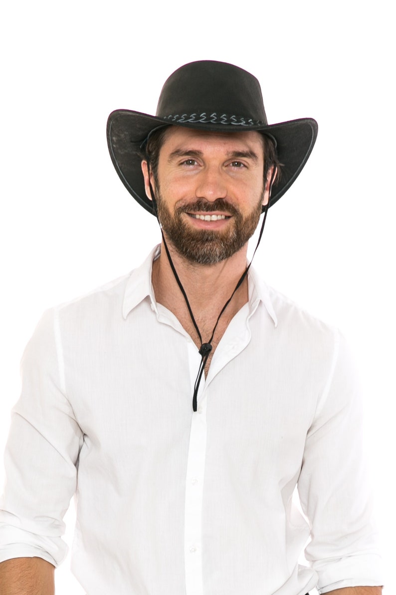 Cowboyhut aus schwarzem Wildleder, Hut mit geflochtenem Band, formbarer Hut mit breiter Krempe, Outdoor-Hut, moderne Westernmode, Sonnenhut aus Leder, Jubiläum Bild 1