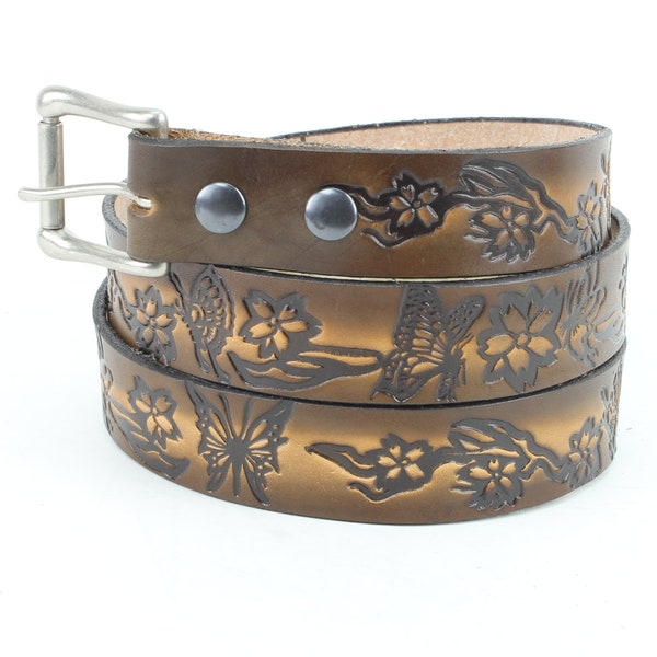 Butterfly leather belt, Heavy duty hand tooled leather, Butterfly and flower accessory, Boho Western style, Made in the USA