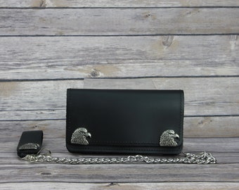 Eagle stud chain wallet, Black leather bi fold wallet with chain, Patriotic gift