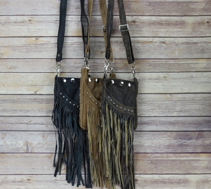 French Tote - with Studs, Boho Fringe, Braided Handle Dirty Blonde - Side Fringe