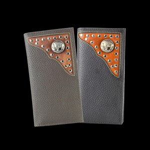 Cartera de rodeo de corte occidental con concho de níquel de búfalo, accesorio de moda occidental moderno para hombres, regalo para papá, billetera grande de cuero plegable