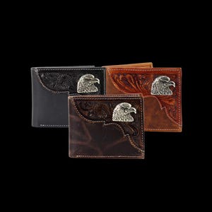 Cartera concho de águila de bisonte americano, billetera extraíble con aceite y estuche de regalo, billetera plegable de cuero repujado, estilo western moderno, protección RFID