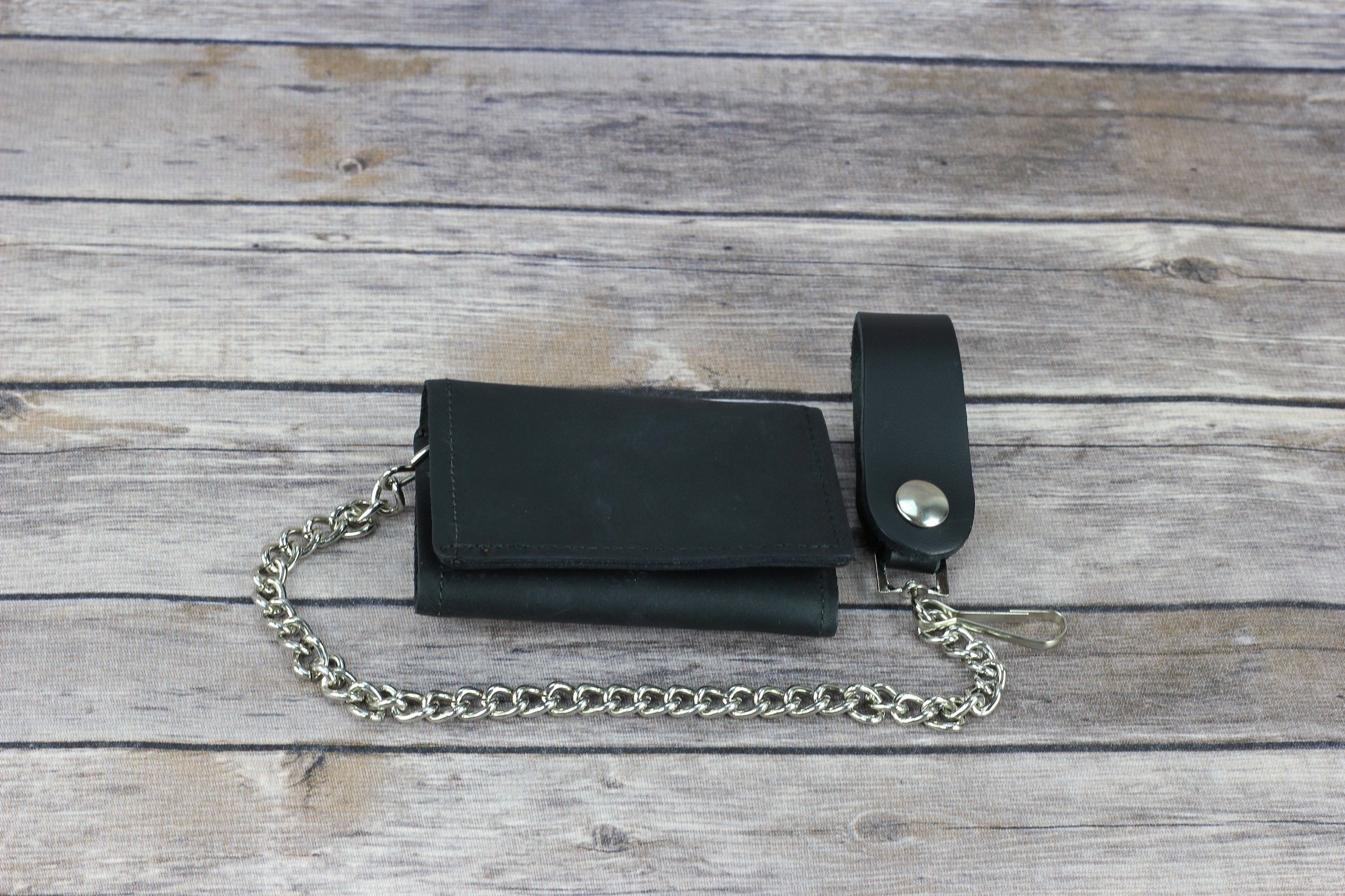 Black Leather Tri-Fold Wallet with Chain, Biker Wallet