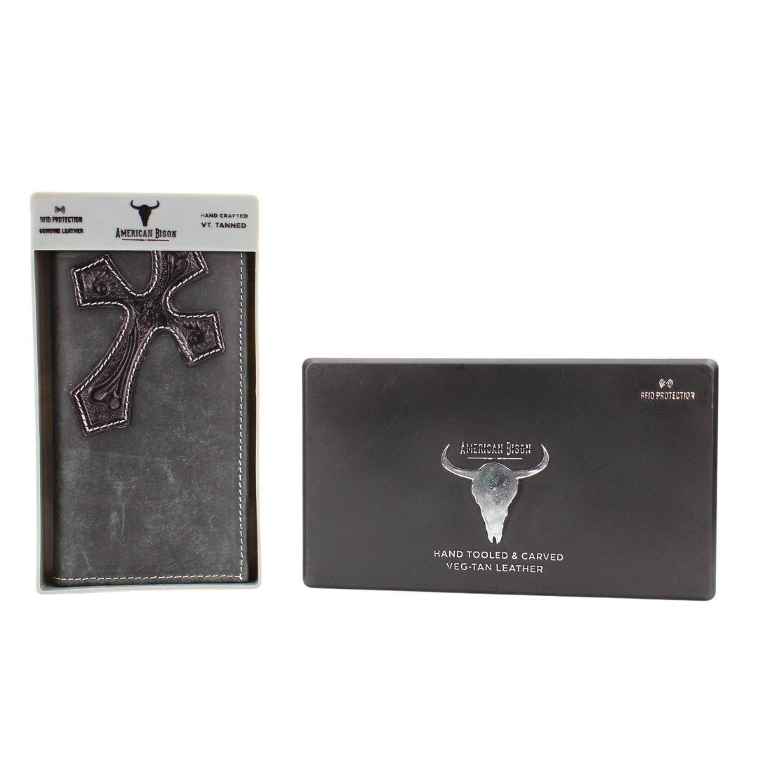 American Bison Leather Wallet, Tooled Cross, RFID Protection, Gift Box