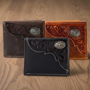 American Bison Tooled Western Bifold Wallet | Oil pull up Leather | Gift Box | Long Horn