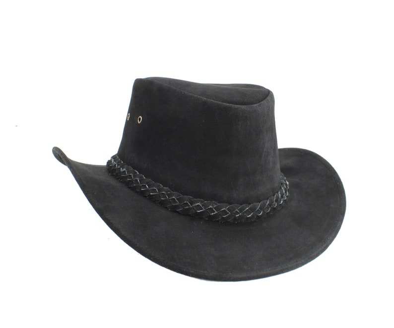 Cowboyhut aus schwarzem Wildleder, Hut mit geflochtenem Band, formbarer Hut mit breiter Krempe, Outdoor-Hut, moderne Westernmode, Sonnenhut aus Leder, Jubiläum Bild 4