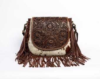 Brown Saddle Western Purse – Hair on Hide Fringe Leather Crossbody Bag with Filigree