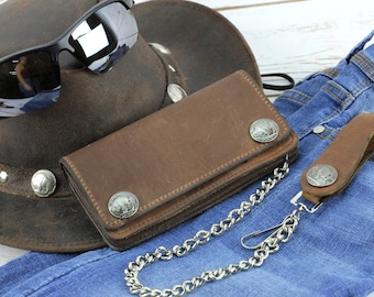Buffalo nickel brown leather chain wallet, men&#39;s bi-fold wallet, biker wallet, made in the USA, biker gift, gift for him, Made in the USA