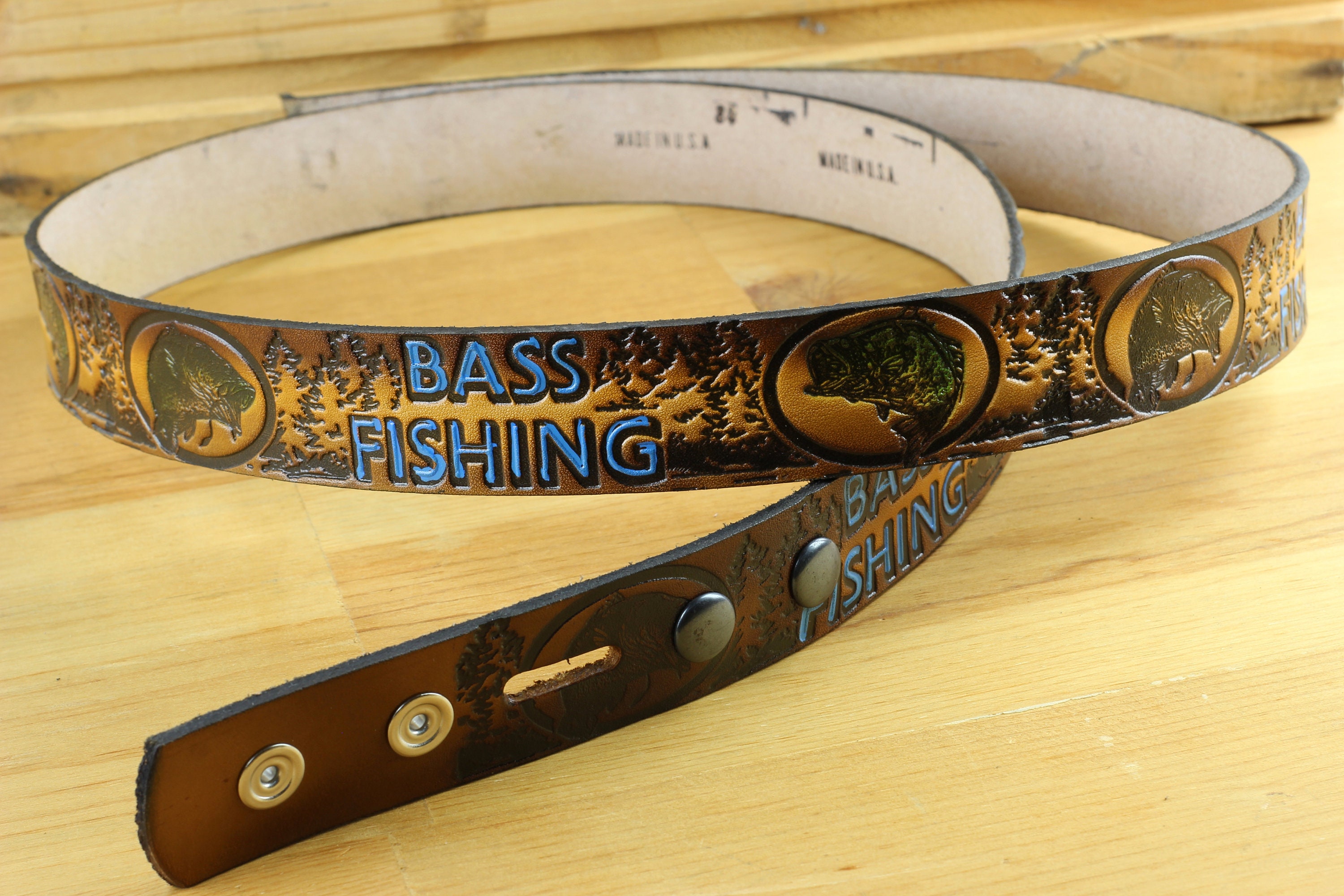 Bass Fishing Hand Painted Brown Leather 