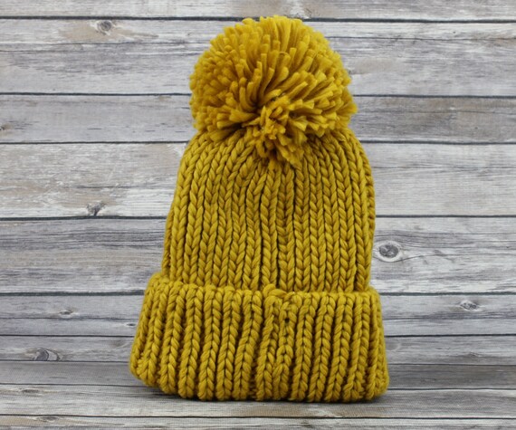 Mustard Yellow Chunky Knit Hat Beanie 