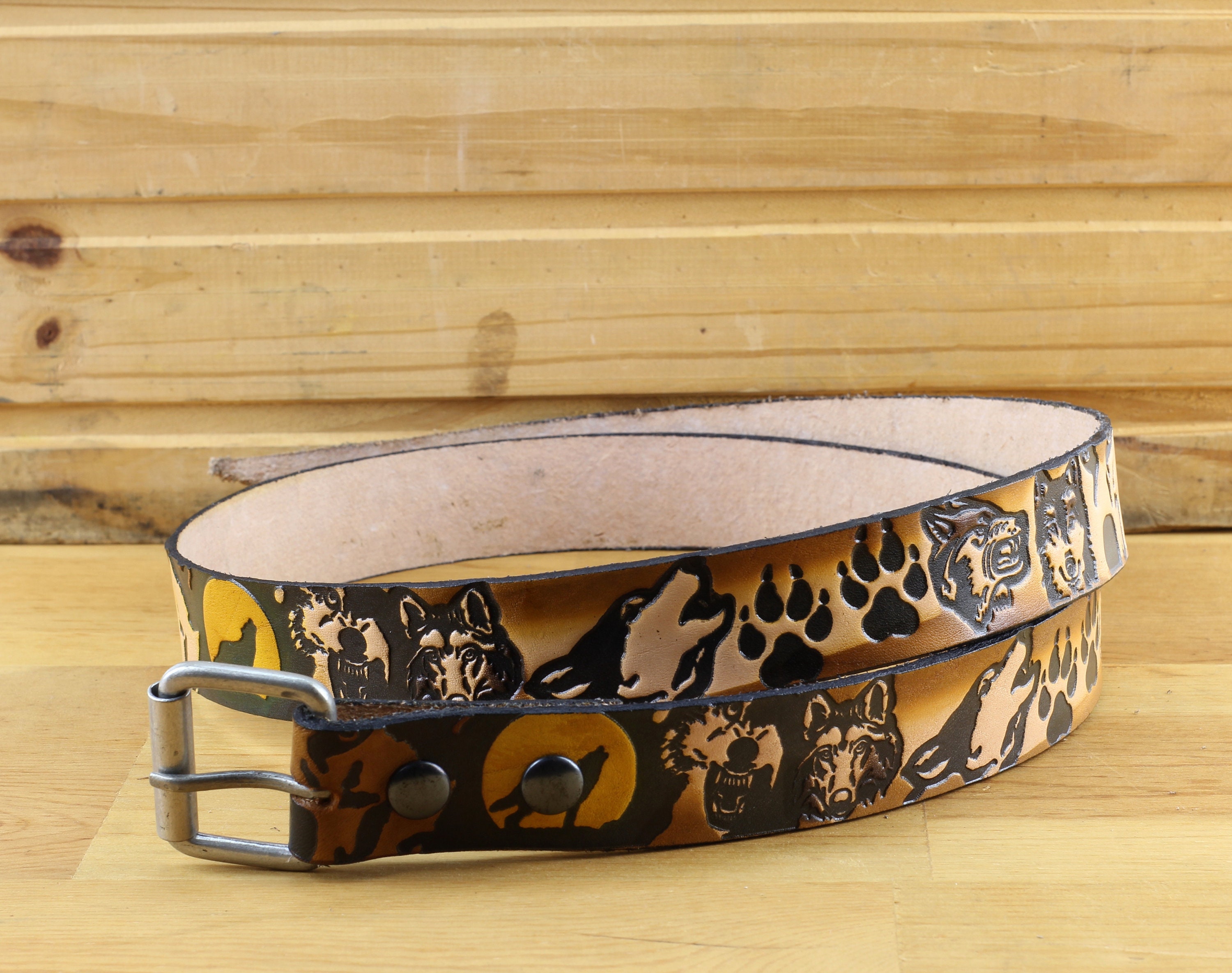 Leather belt with wolves Hand tooled leather Cut to size Etsy