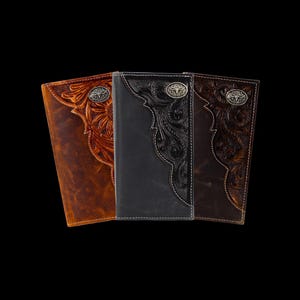 Cartera de cuerno largo de bisonte americano de rodeo, cartera con tapa de aceite y estuche de regalo, billetera plegable de cuero repujado, estilo western moderno, protección RFID