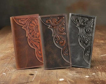 Tooled American Bison Leather Wallet | Western Bifold RFID