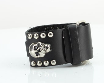 Skull studded leather watch band, Wrist cuff with hardware, Gothic leather, Classic biker accessory, Anniversary gift, Made in the USA
