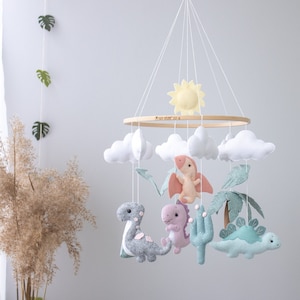 Dinosaur mobile for girl nursery. Hanging felt animals. Purple T Rex. Crib Dino mobile. Dino shower gift.mountain and palm. Cloud and sun.